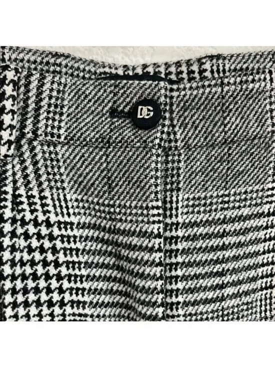 DOLCE & GABBANA Flared Glen Plaid Pants Wool Houndstooth Wide Leg Pants Logo D&G